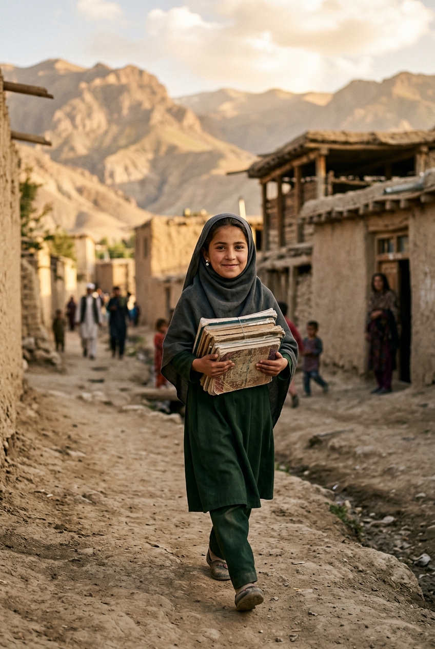 A schoolgirl carrying her books home through the village