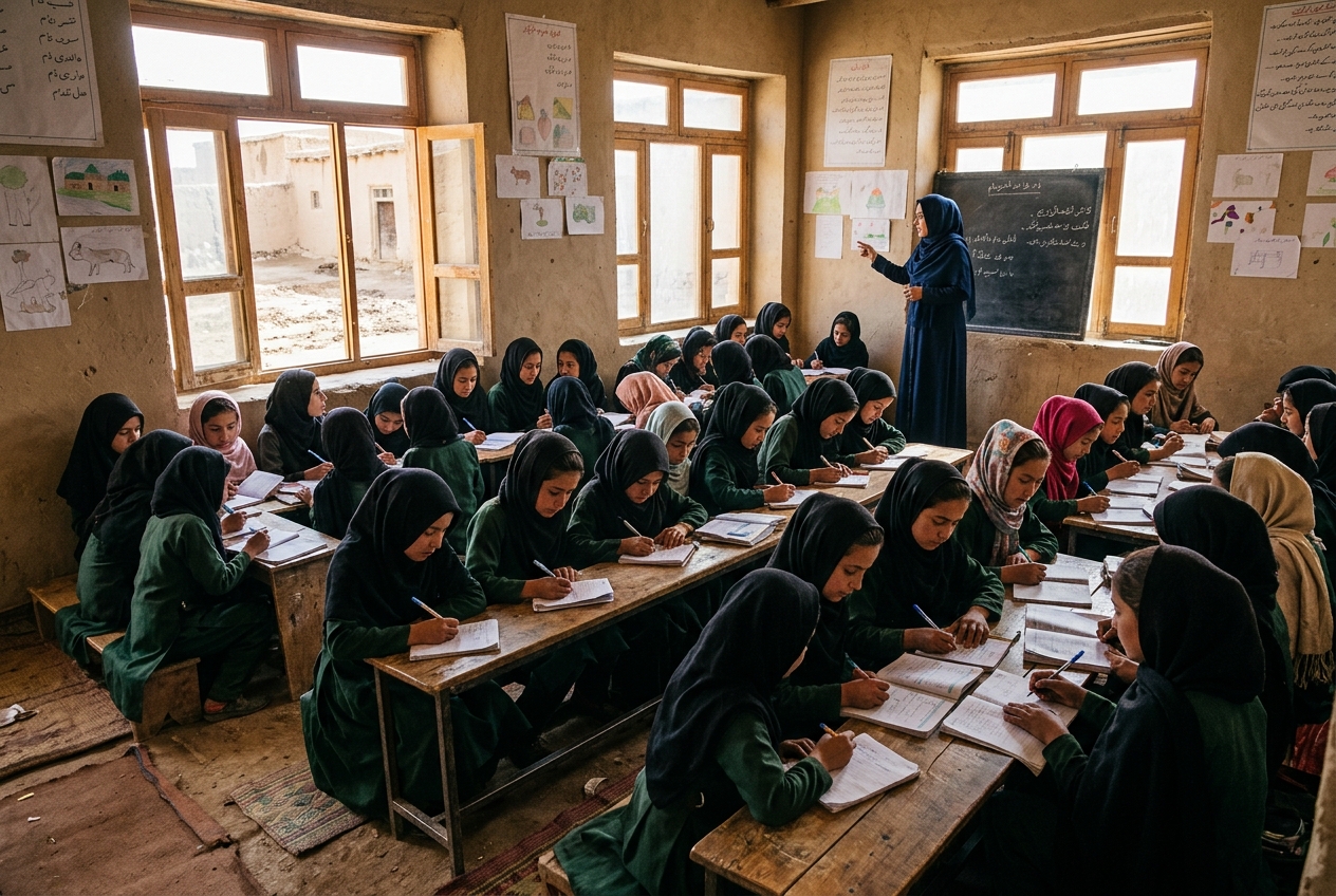 A full community classroom of Afghan schoolgirls learning