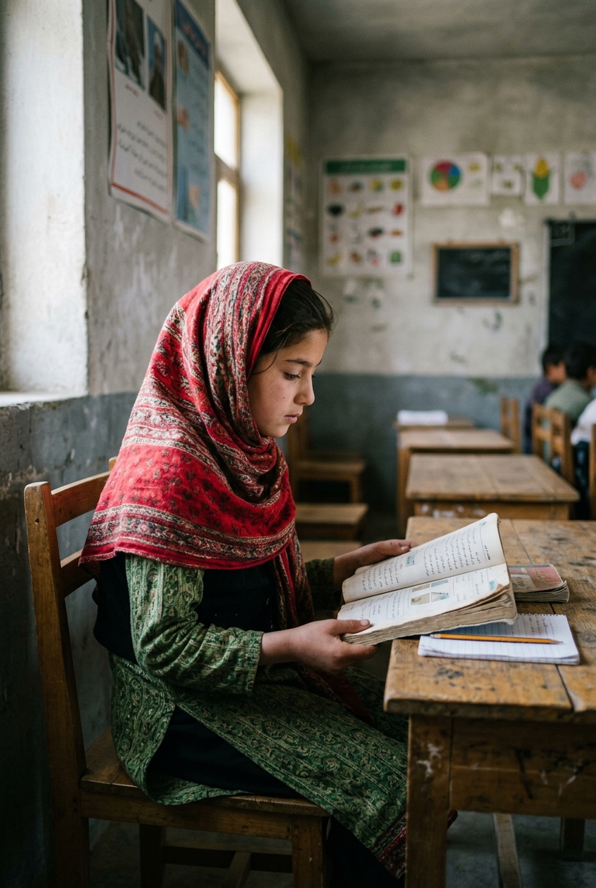 An Afghan girl reading a textbook in class