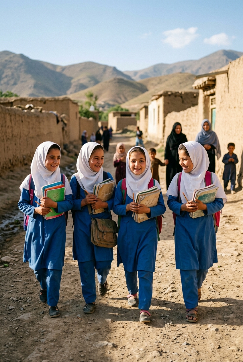 Smiling schoolgirls carrying their books to class