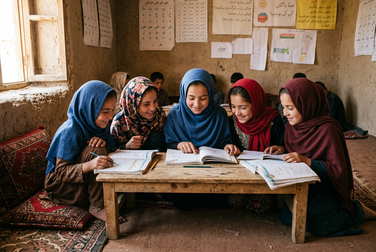 Afghan schoolgirls reading together in a community classroom