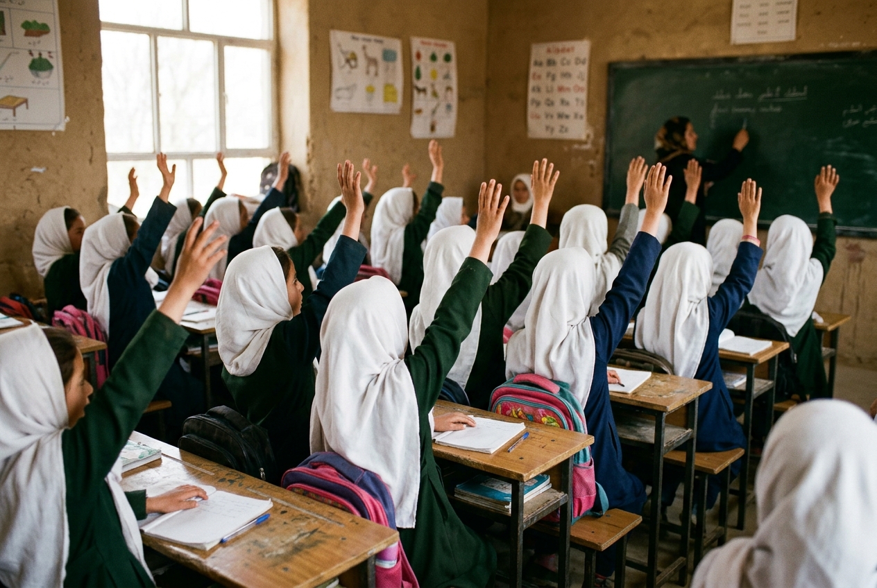 Schoolgirls raising their hands eagerly in class
