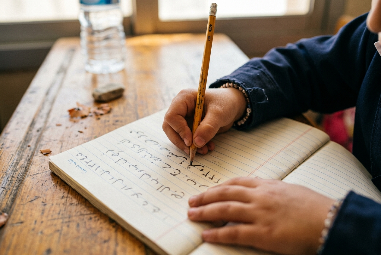 A schoolgirl's hands writing in a notebook