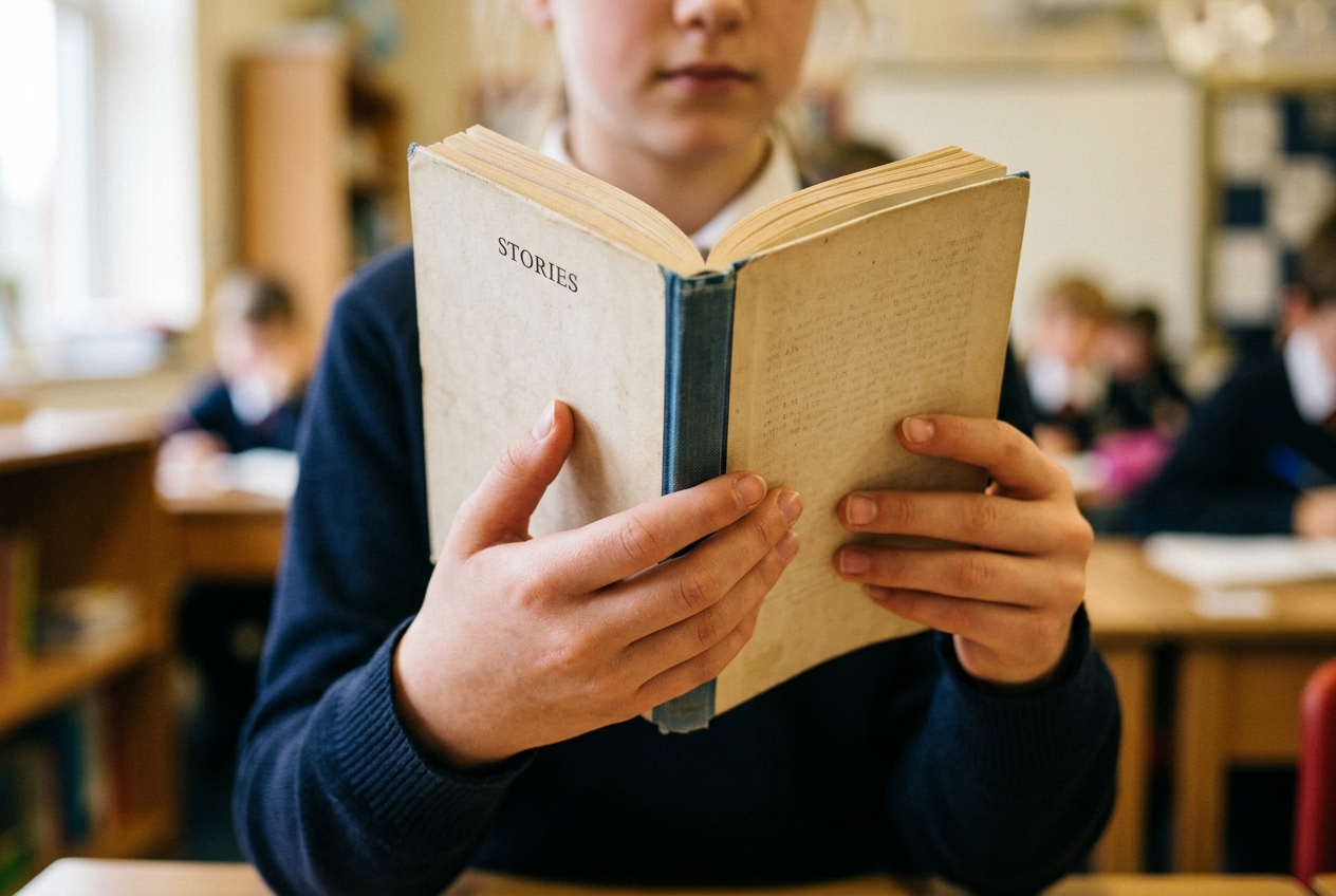 A girl's hands holding an open book