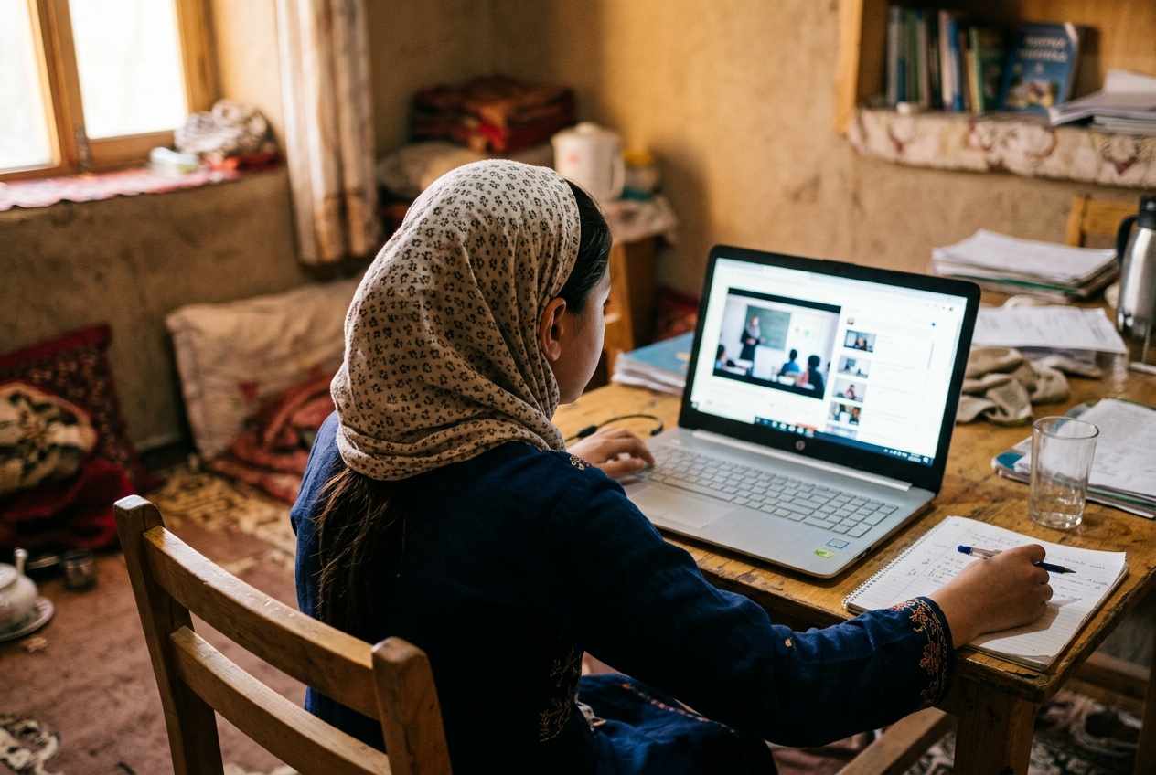 A girl studying on a laptop at home