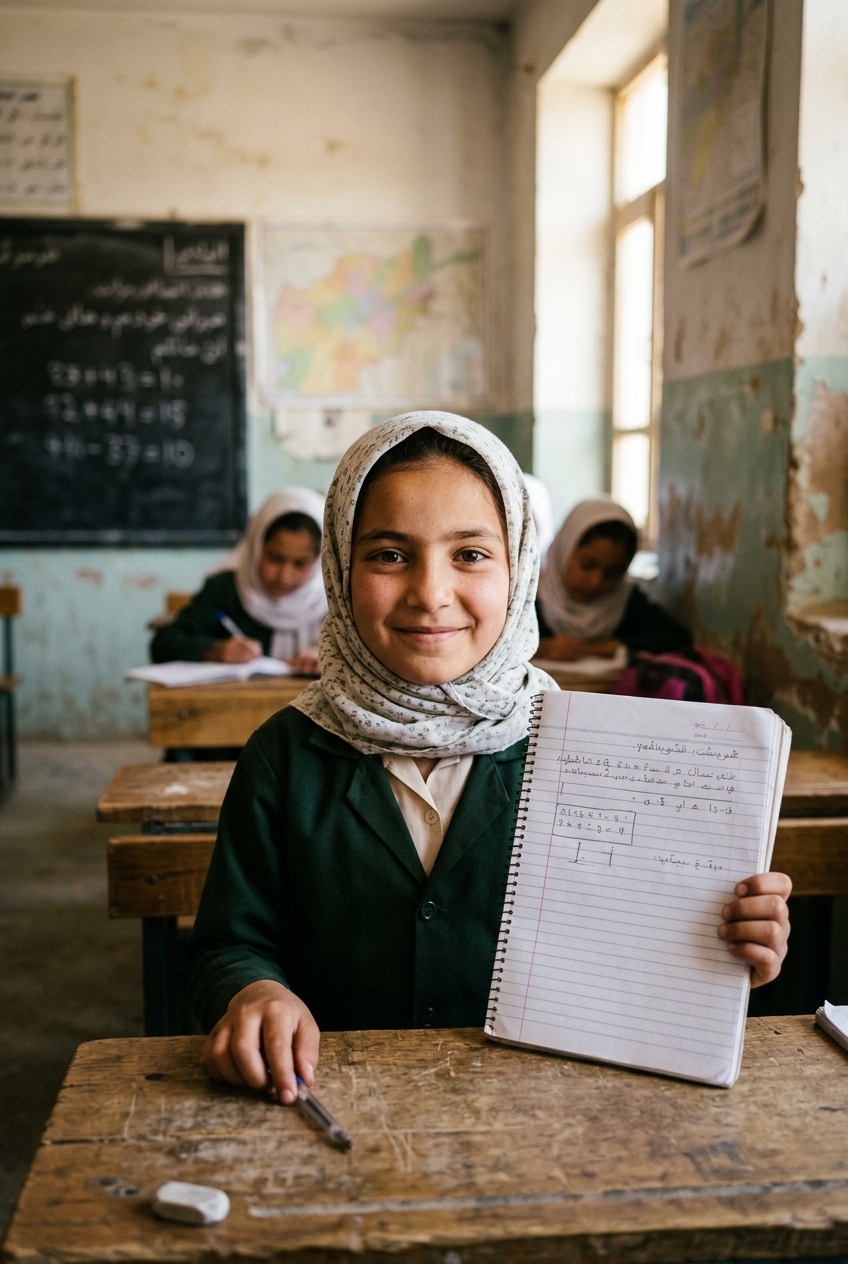 A proud schoolgirl holding up her notebook