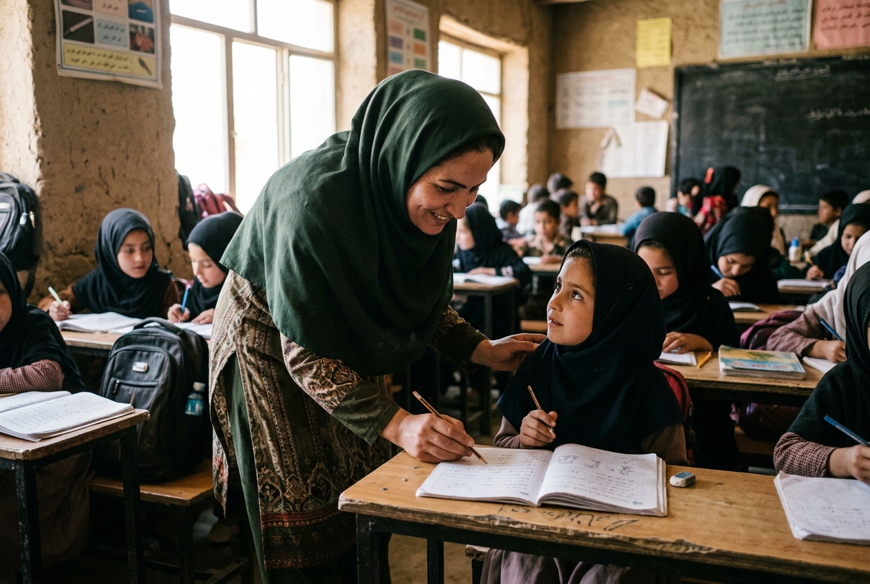 A teacher helping a schoolgirl with her work